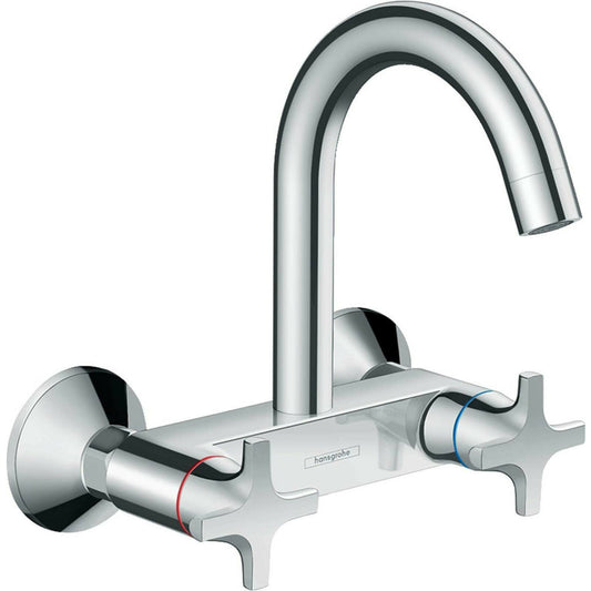 Смесител за кухня с двустенна команда Hansgrohe Logis M32, висока тръба с 1 струя, хромирани ръкохватки.
