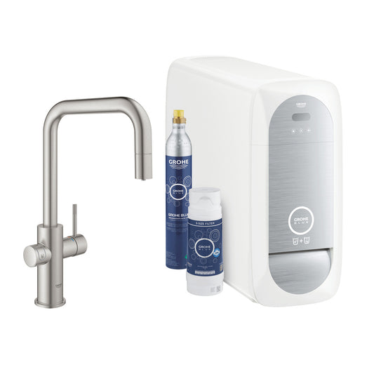 Grohe Blue Home Ondus Kitchen Faucet Chrome Supersteel U-Shaped Spout and Starter Kit