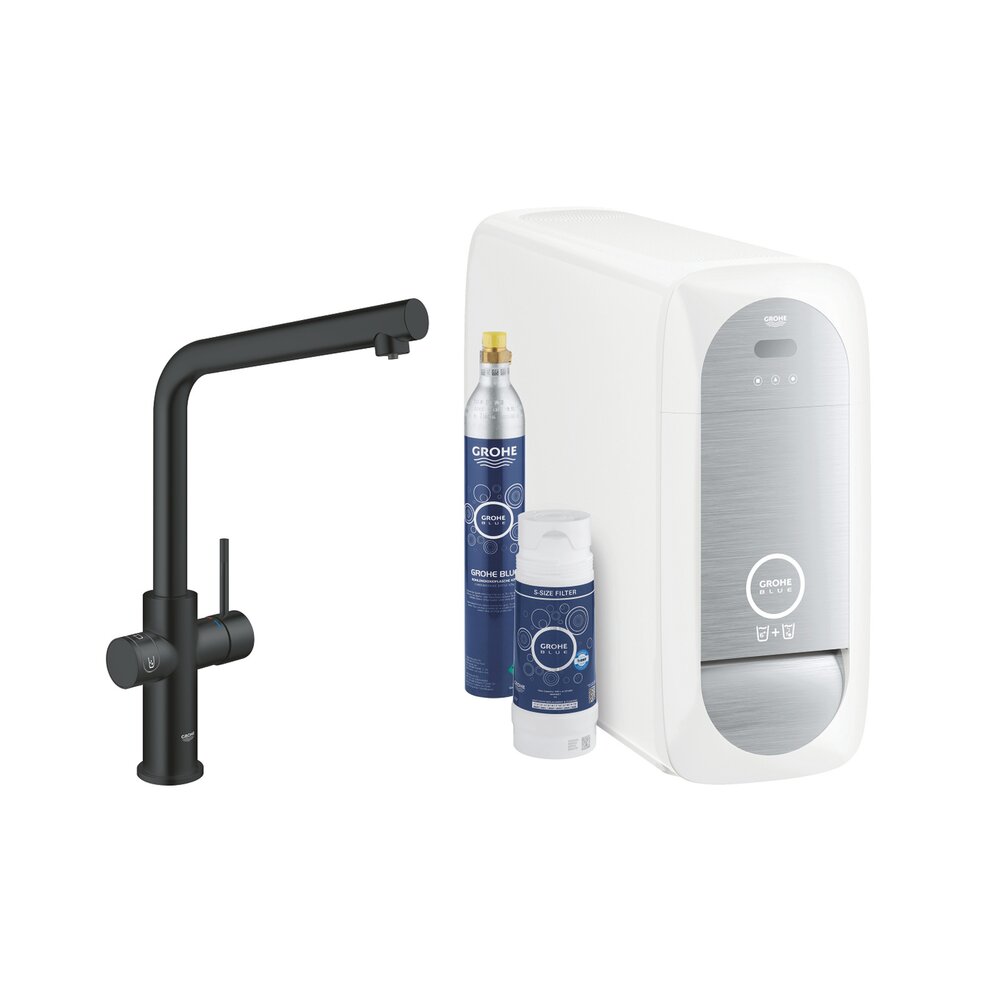 Смесител за кухня Grohe Blue Home с L-образен чучур и Starter Kit в черен мат