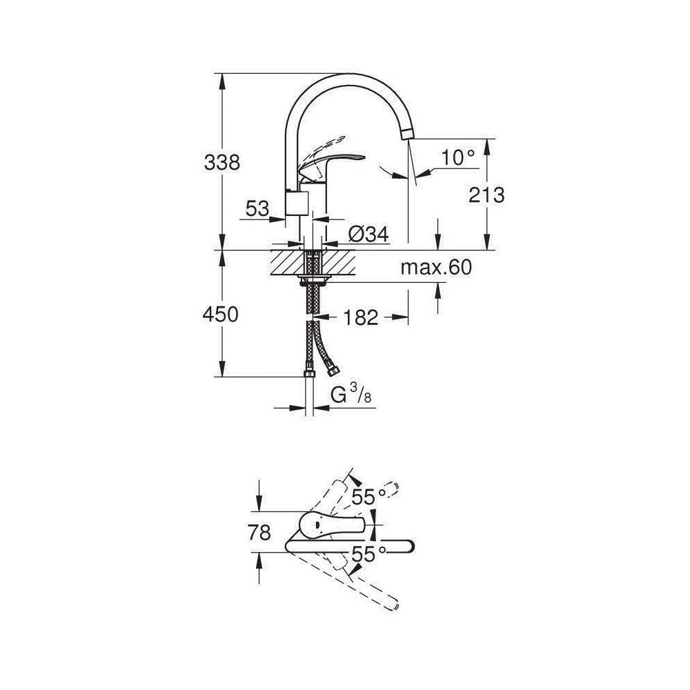 Смесител за кухня Grohe Eurosmart New с висок хромиран корпус