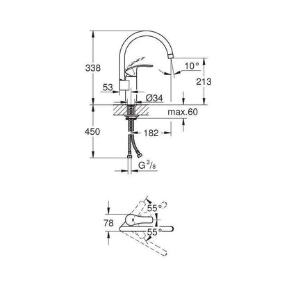 Смесител за кухня Grohe Eurosmart New с висок хромиран корпус