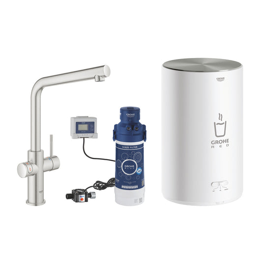 Кухненски смесител Grohe Red Duo хромирана Supersteel L тип и бойлер размер M