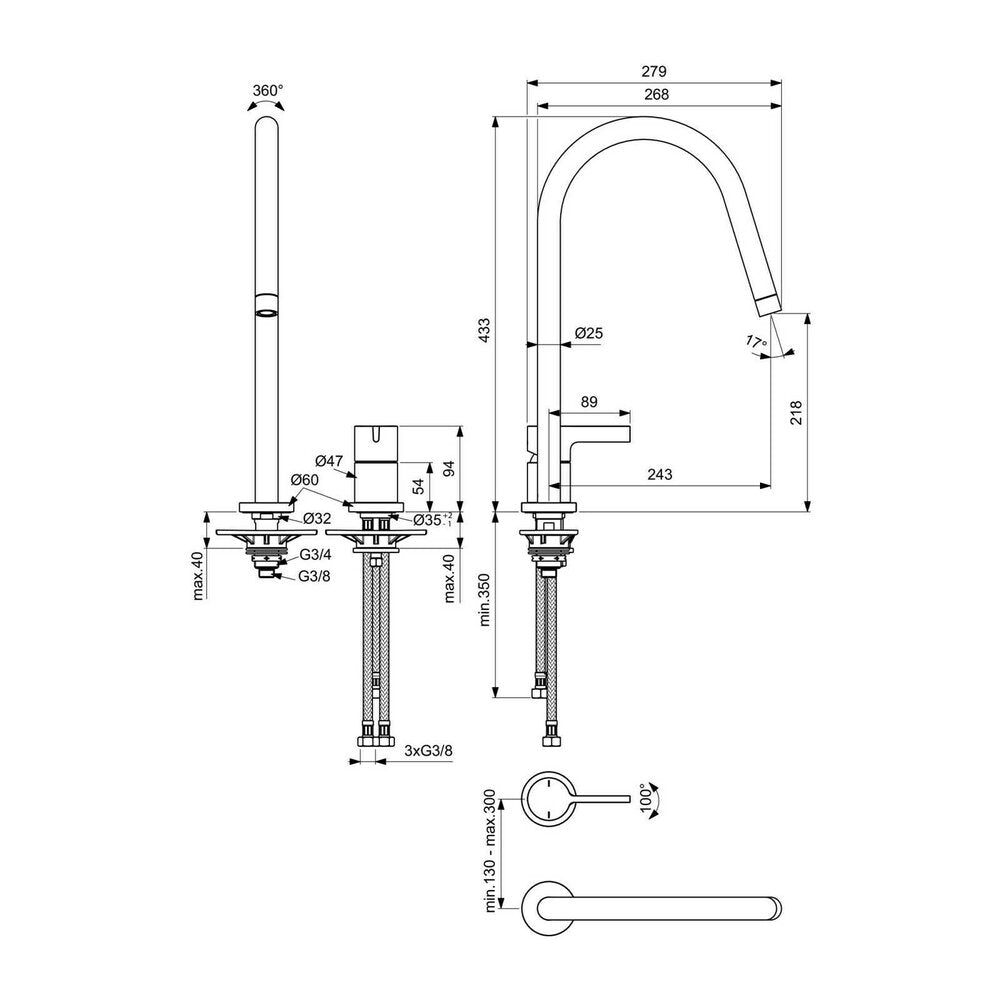 Ideal Standard Gusto 218 Pull-Out Kitchen Faucet Silver Storm 2 Elements