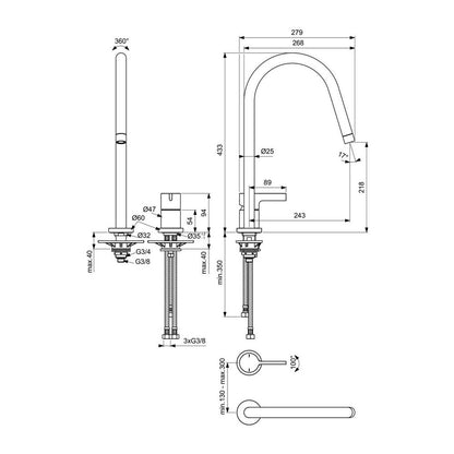 Ideal Standard Gusto 218 Pull-Out Kitchen Faucet Silver Storm 2 Elements