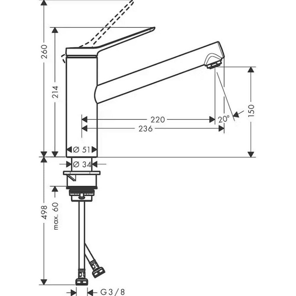 Single-lever kitchen faucet brushed chrome Hansgrohe Zesis M33 150 with 1 jet low pressure hot water