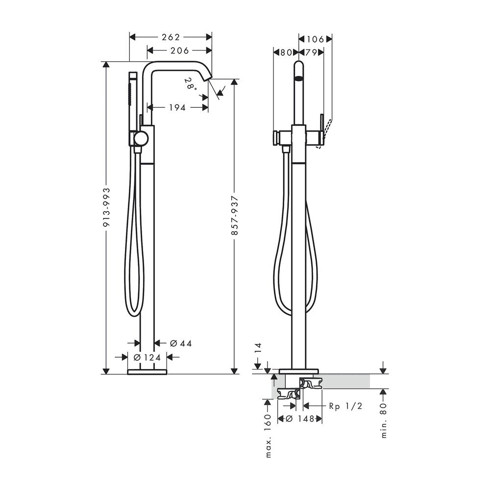 Смесител за вана-душ freestanding Hansgrohe Tecturis S без вградена част бронз перлат
