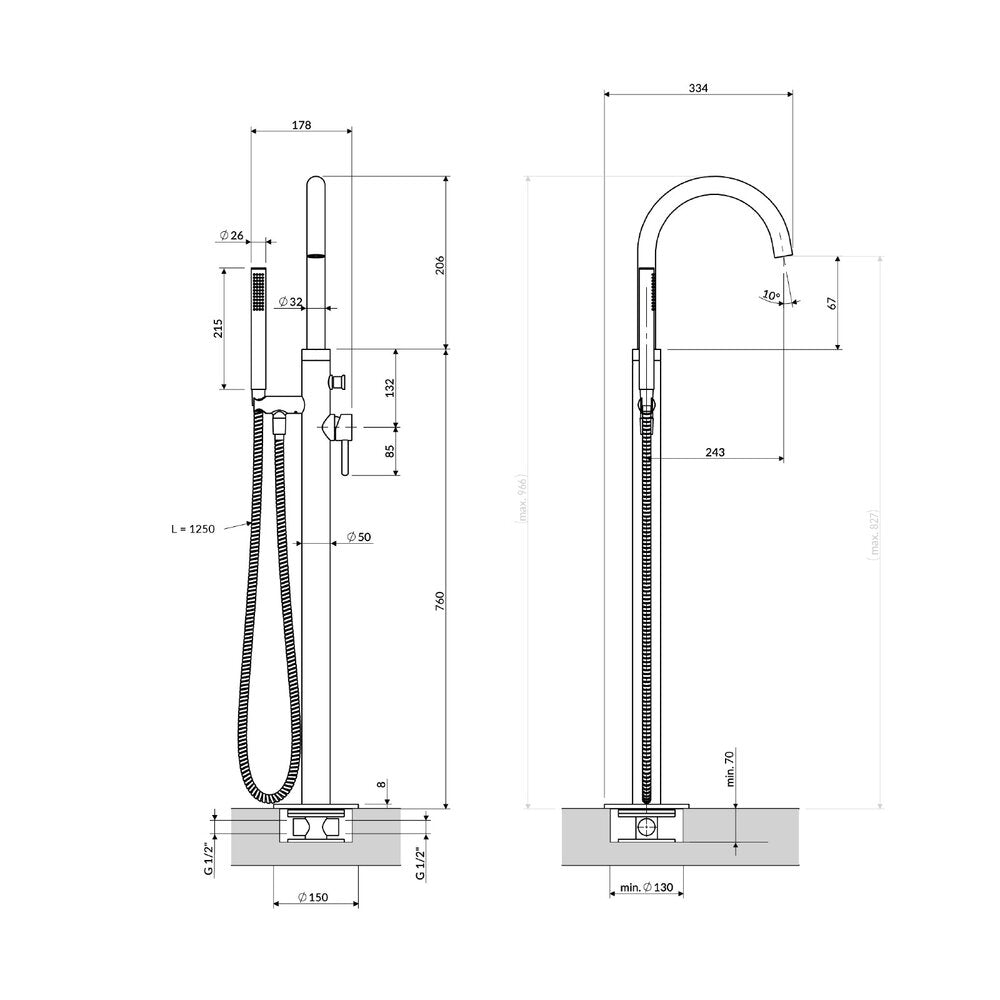 Смесител за вана-душ freestanding Omnires Y с един лост златно матово покритие