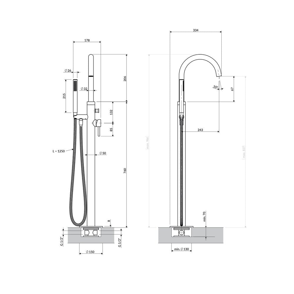 Смесител за вана-душ freestanding Omnires Y с монокоманда графитено покритие