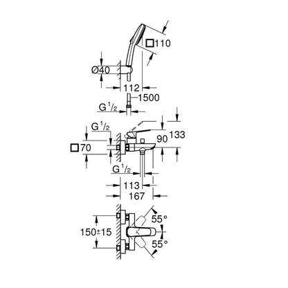 Смесител за вана-душ Grohe Cubeo с хромирано покритие и комплект за душ с 2 функции
