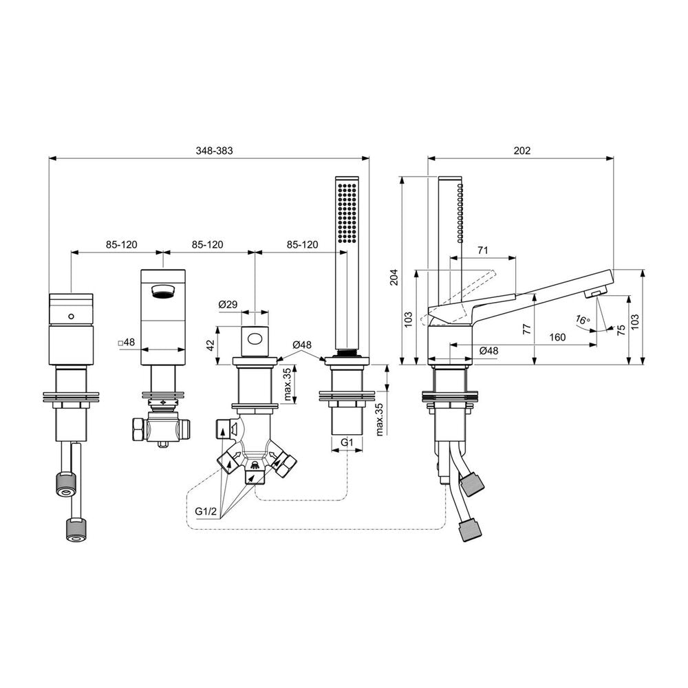 Bathtub - Shower Mixer Ideal Standard Atelier Extra Chrome with 4 Elements