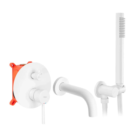 Rea Lungo Matte White Built-in Bathtub - Shower Mixer with Shower Set and Concealed Body