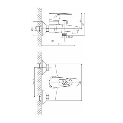 Bathtub-Shower Inter Ceramic Runde Single-Handle Glossy Chrome with Shower Set