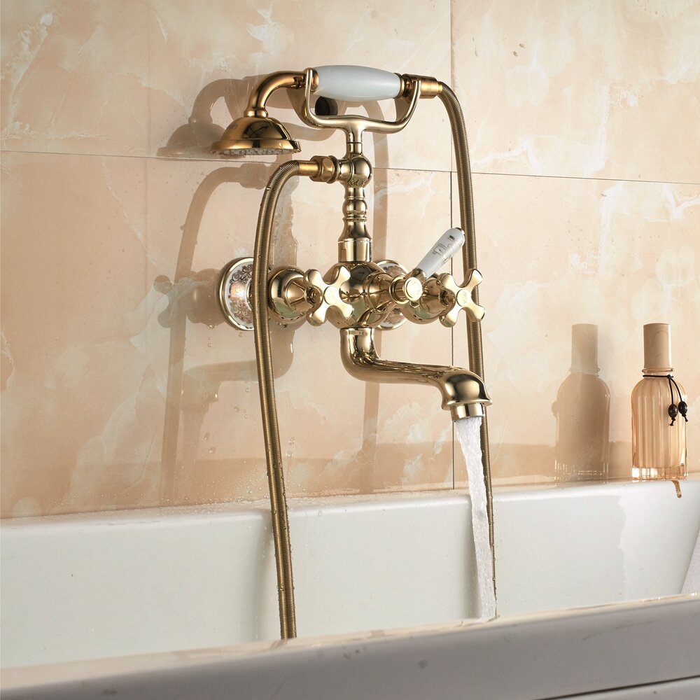 Душ батерия Inter Ceramic Sahara, с двойна команда, лъскав златист цвят с комплект за душ.