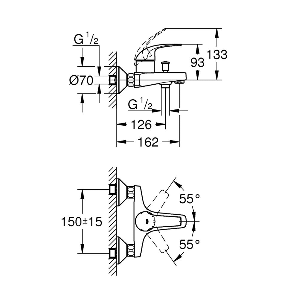Смесител за вана-душ с една ръкохватка Grohe Baucurve хром