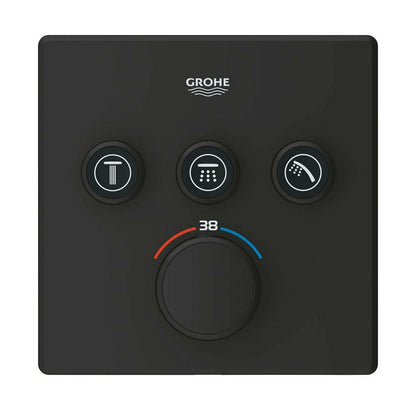Черен матов душов кран Grohe Grohtherm SmartControl термостатичен квадратен 3 изхода