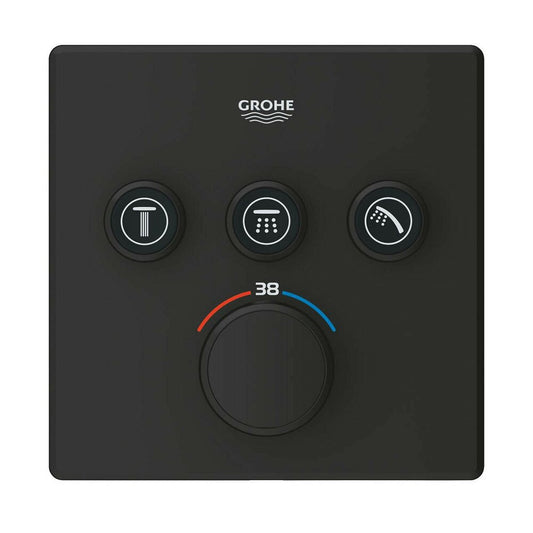 Черен матов душов кран Grohe Grohtherm SmartControl термостатичен квадратен 3 изхода