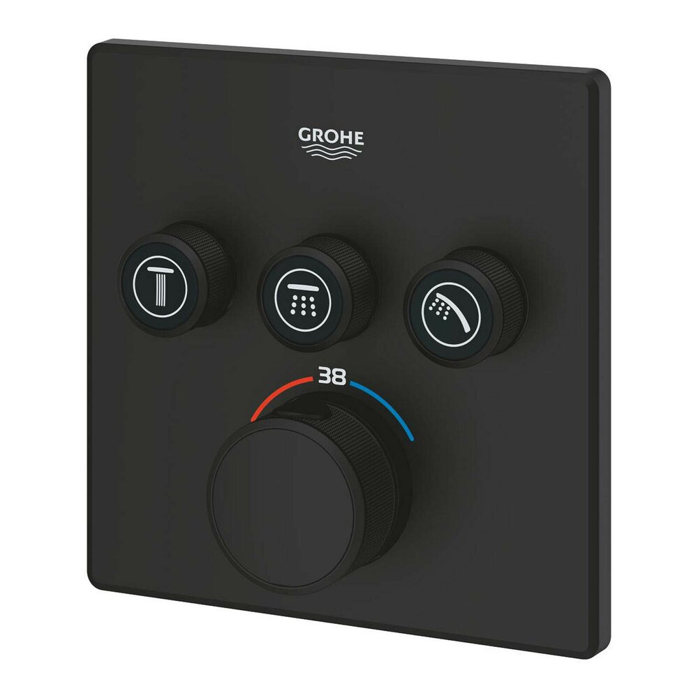 Черен матов душов кран Grohe Grohtherm SmartControl термостатичен квадратен 3 изхода