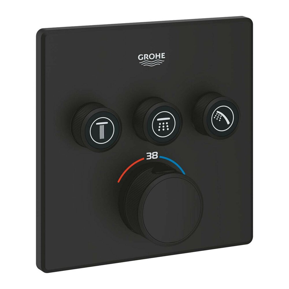 Черен матов душов кран Grohe Grohtherm SmartControl термостатичен квадратен 3 изхода