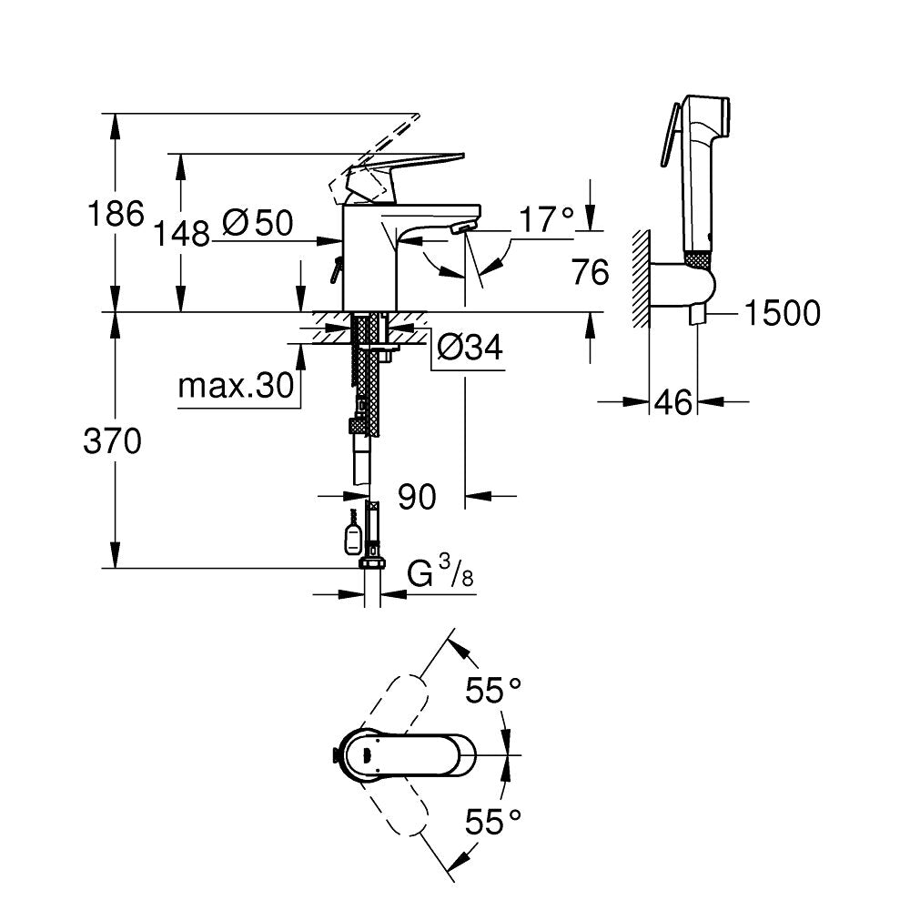 Смесител за умивалник Grohe Eurosmart Cosmopolitan S с хромирана душ-гарнитура