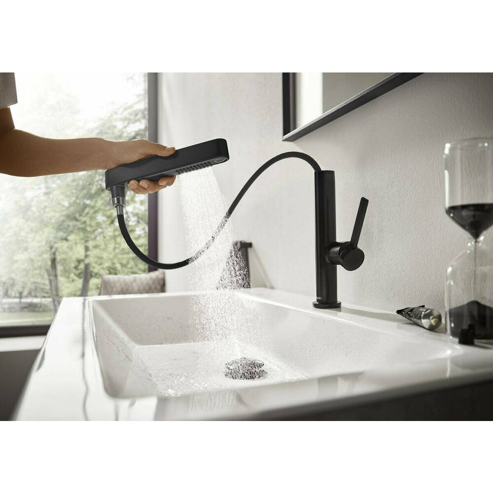Hansgrohe Finoris 230 Sink Faucet with Pull-Out Shower, 2 Jets and Push-Open Drain Matte Black