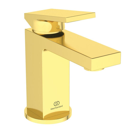 Ideal Standard Atelier Extra Piccolo brushed gold washbasin mixer with metallic Pop-Up waste