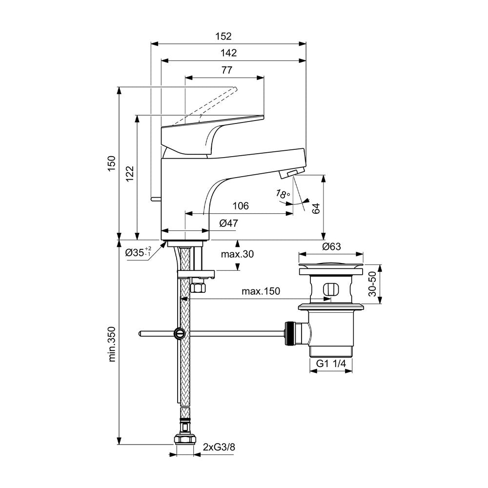 Батерия за умивалник Ideal Standard Cerabase H60 хром гланц с вентил Pop-Up метален
