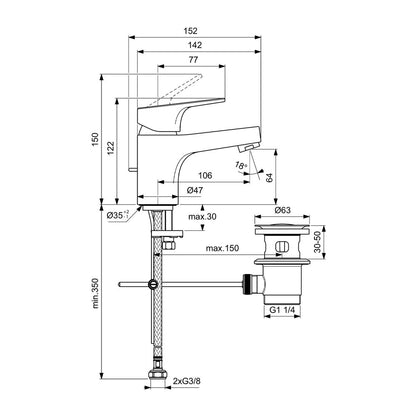 Батерия за умивалник Ideal Standard Cerabase H60 хром гланц с вентил Pop-Up метален