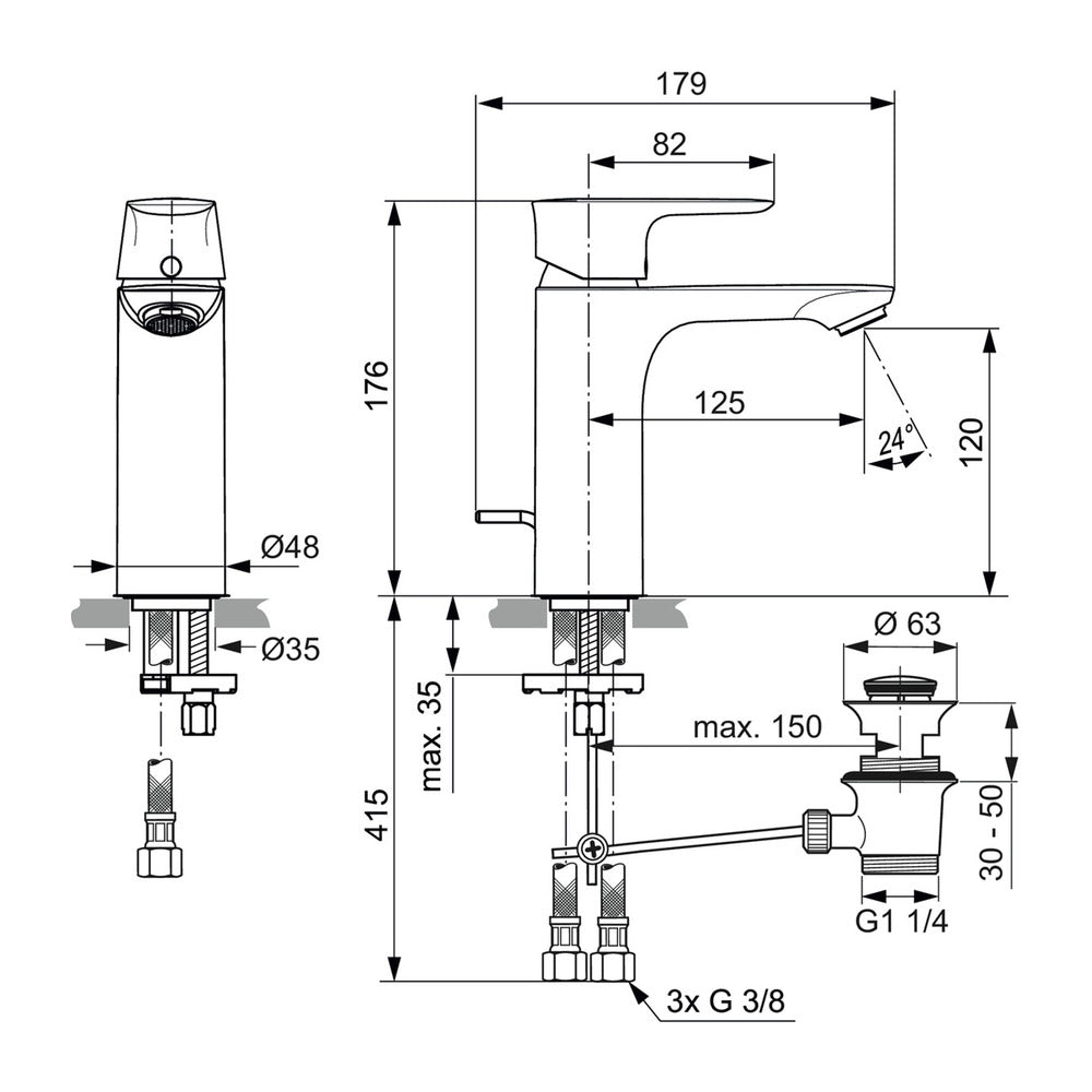 Ideal Standard Connect Air Grande Basin Mixer for Low Pressure Brushed Gold with Waste