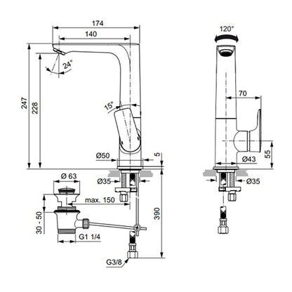 Висока батерия за умивалник Ideal Standard Connect Air Magnetic Grey с вентил и въртяща се тръба