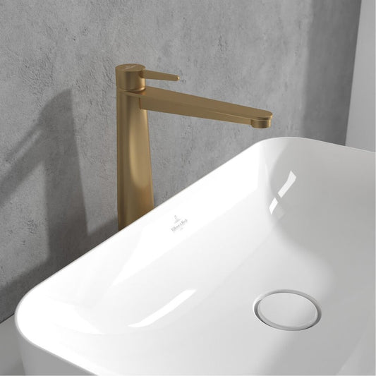 Висока смесителна батерия Villeroy&Boch Conum с един лост, матово злато с Push-Open вентил