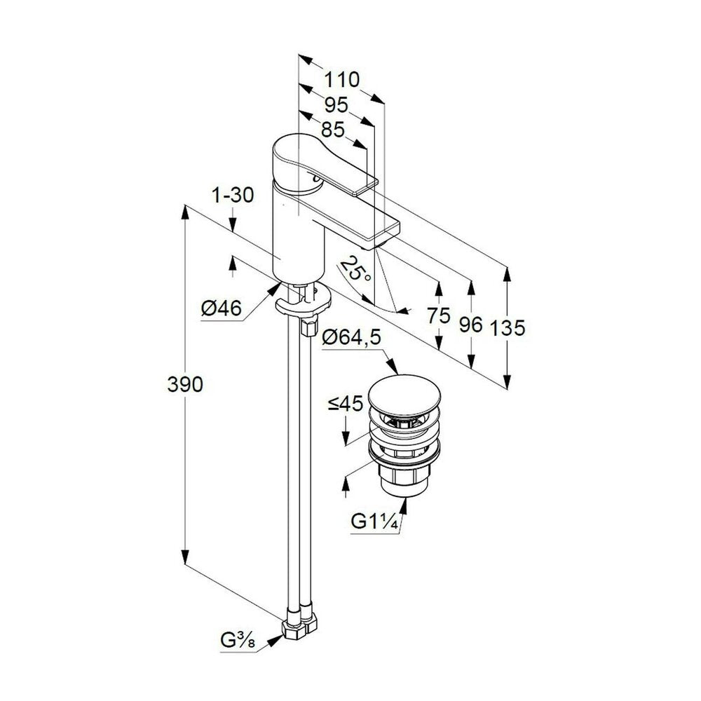 Kludi Zenta SL 75 Basin Mixer with Push-Open Waste Chrome