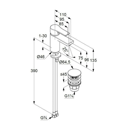 Kludi Zenta SL 75 Basin Mixer with Push-Open Waste Chrome