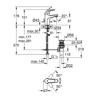 Смесител за мивка Grohe Baucurve хром гланц с вентил