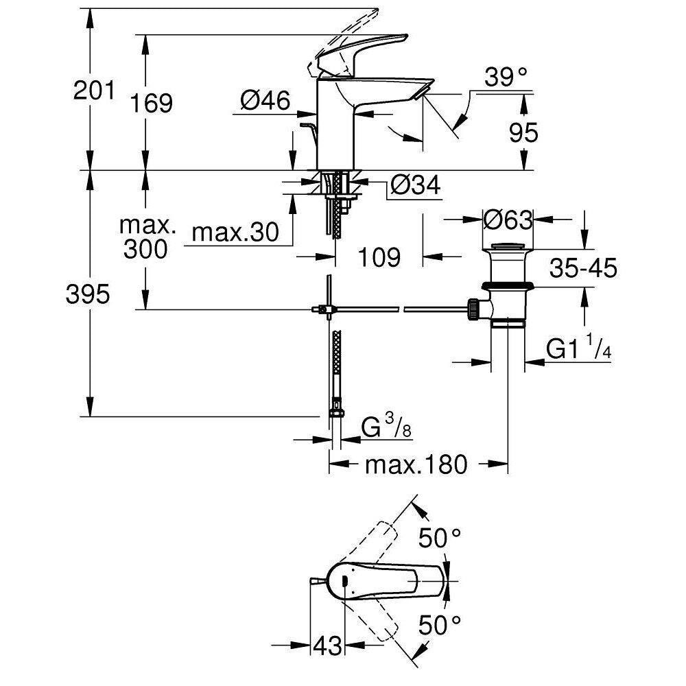 Смесител за мивка с един лост, матово черно, Grohe Eurosmart New S