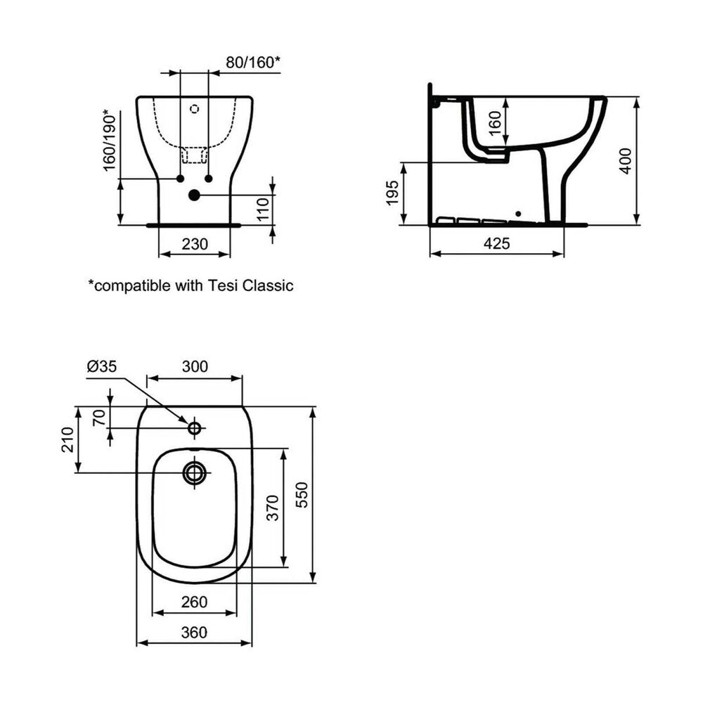 Черен матов подов бидeу Ideal Standard Tesi back-to-wall