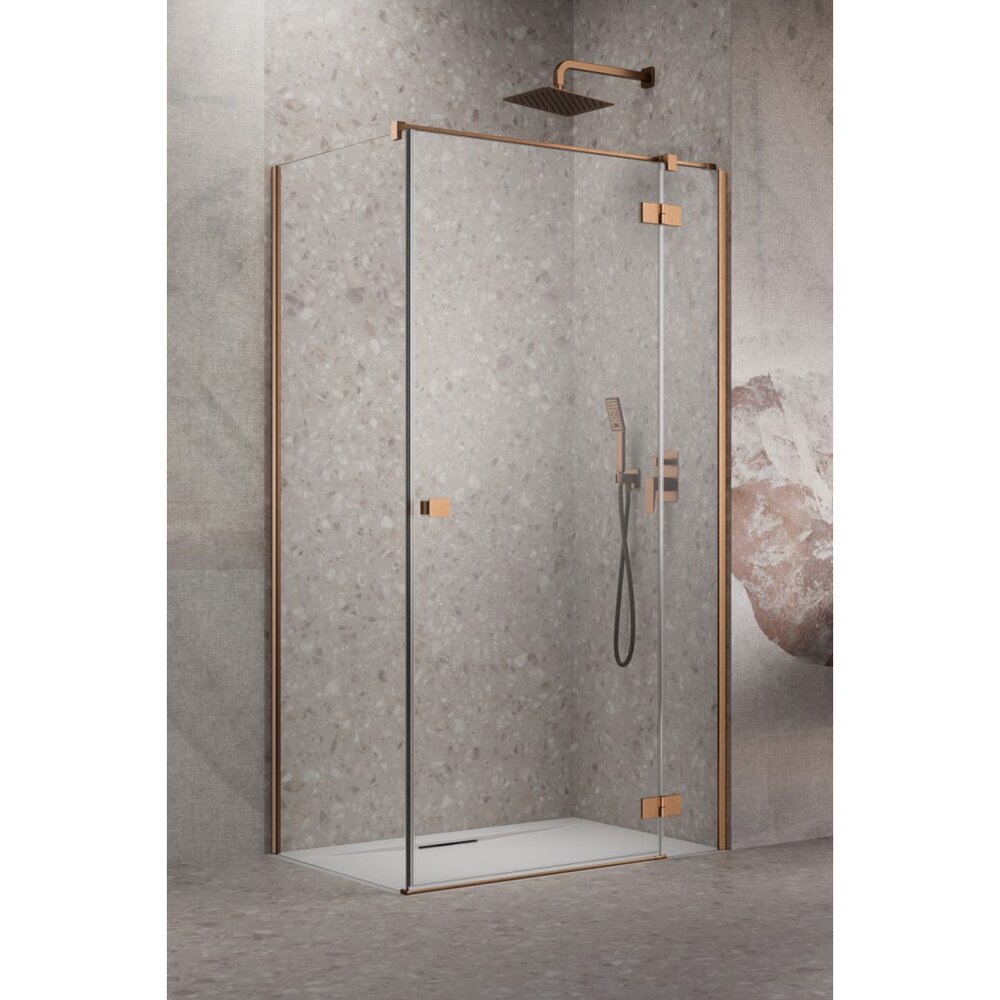 Правоъгълна душ кабина с отваряща се врата Radaway Essenza KDJ 90x70 cm с покритие от четкан мед-прозрачно дясно