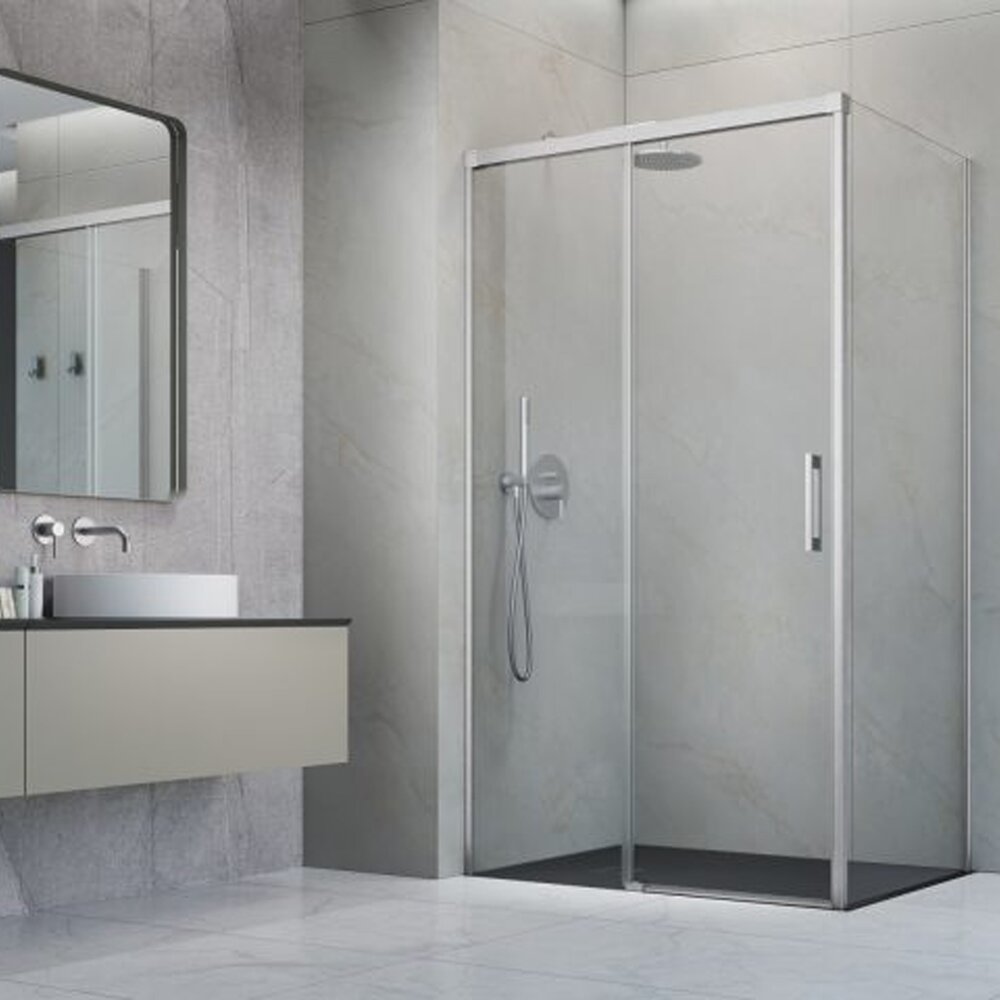 Правоъгълна душ кабина с плъзгаща се врата Radaway Idea KDJ 100x110 cm с покритие от четкан никел-прозрачно ляво