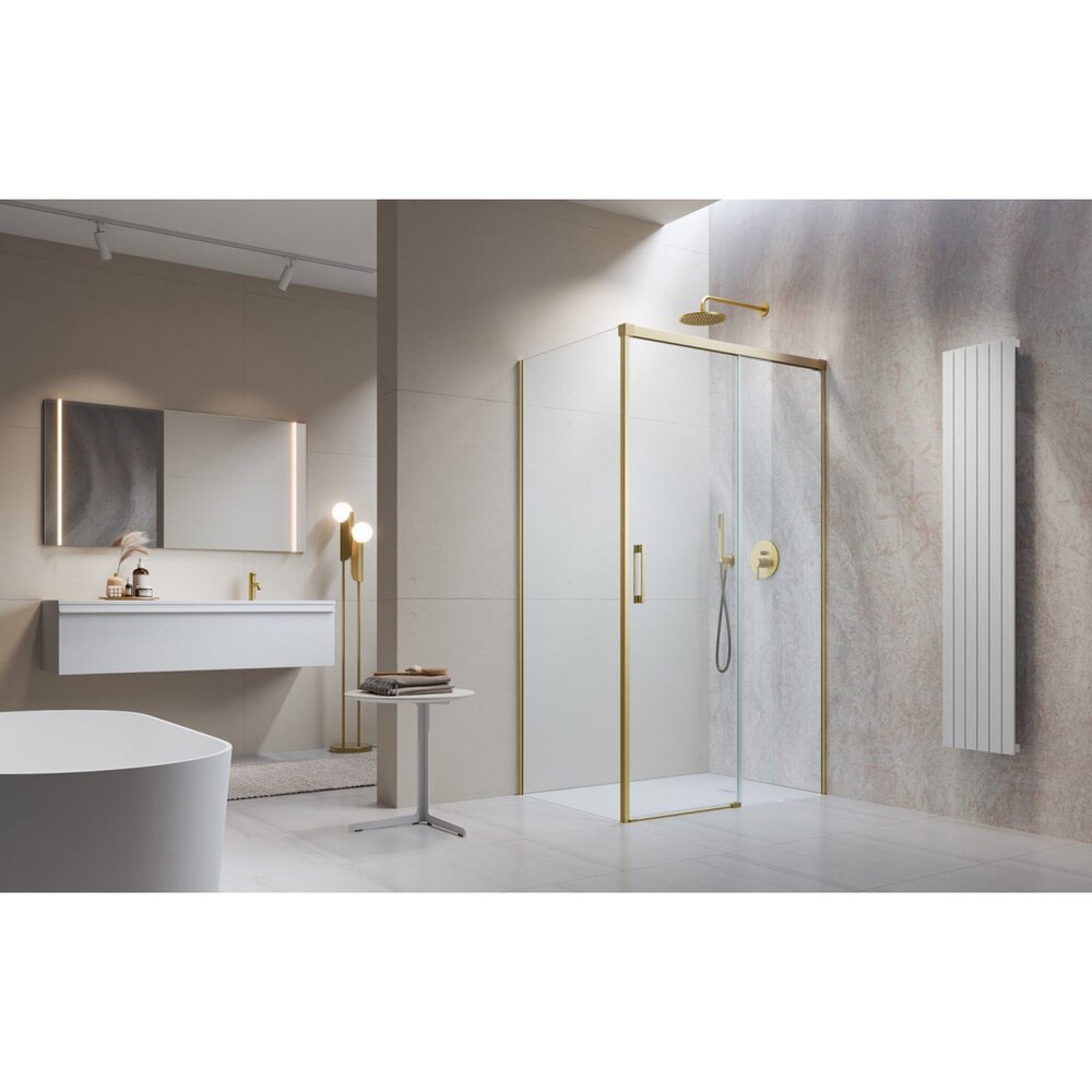Правоъгълна душ кабина с плъзгаща се врата Radaway Idea KDJ 140x110 cm с покритие злато матово-прозрачно дясно