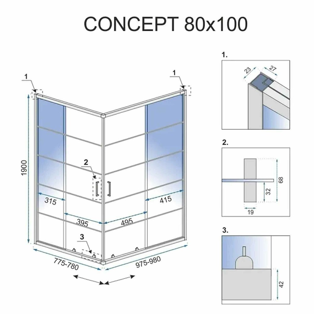 Rea Concept Rectangular Shower Cabin with Sliding Doors 80x100 Matt Black