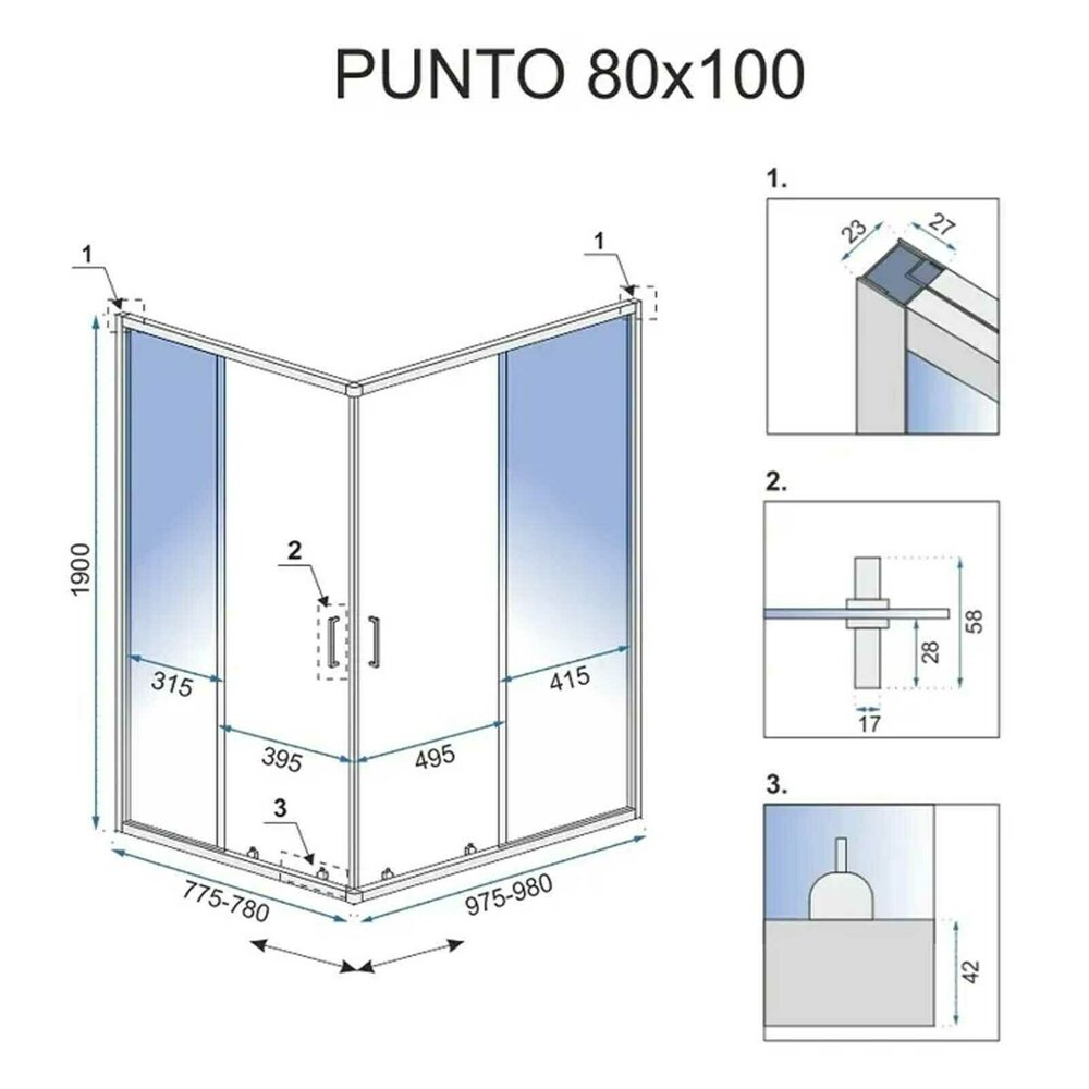 Rea Punto Rectangular Shower Cabin with Sliding Door 80x100 Chrome