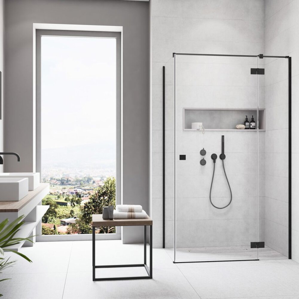 Квадратна душ кабина с отваряща се врата Radaway Essenza KDJ 80x80 cm черен мат-прозрачен десен