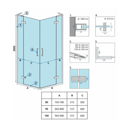 Rea Hugo Square Shower Cabin with 2 Hinged Doors 80x80 cm Brushed Gold