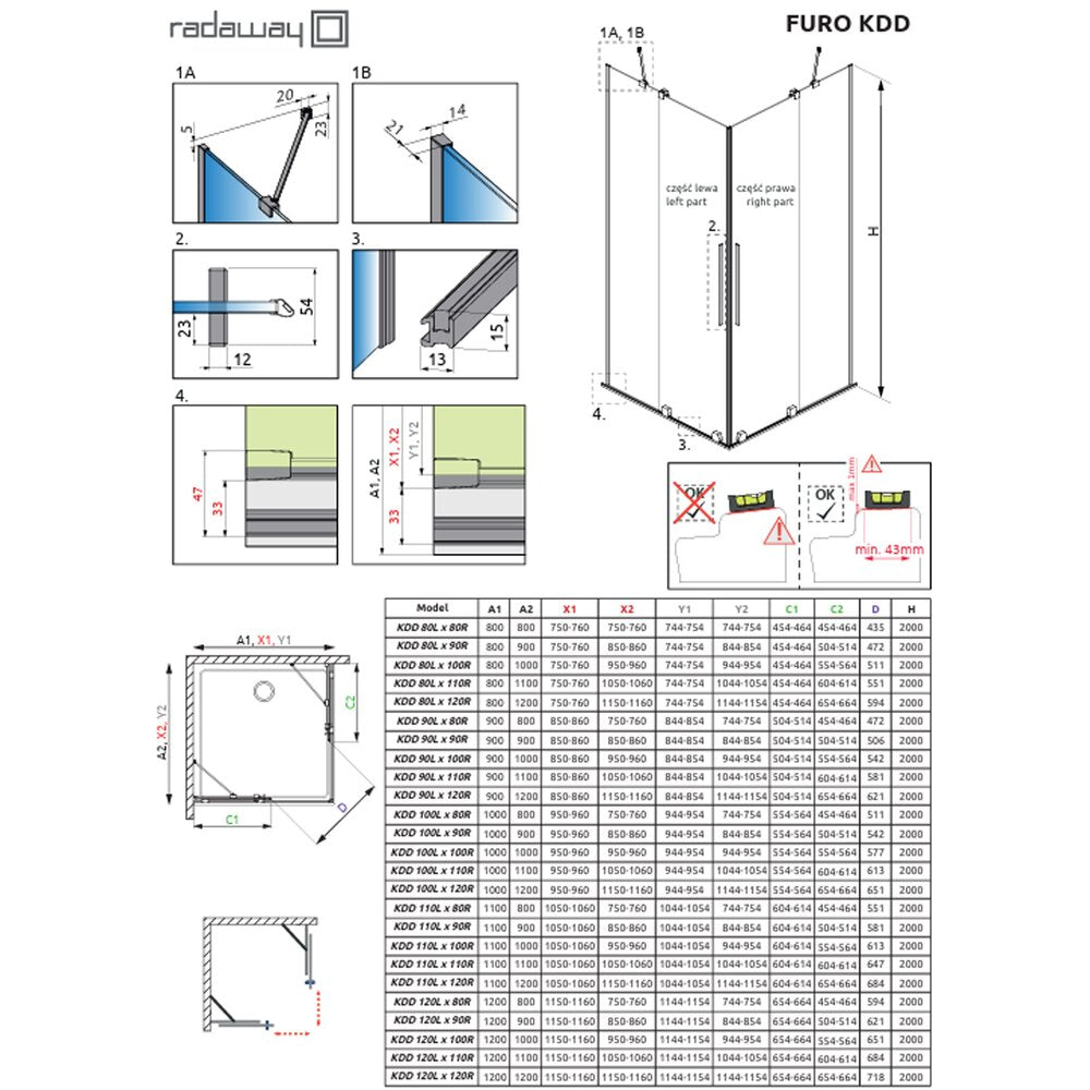 Квадратна душ кабина с плъзгащи се врати Radaway Furo KDD 90x90 cm профил черен мат