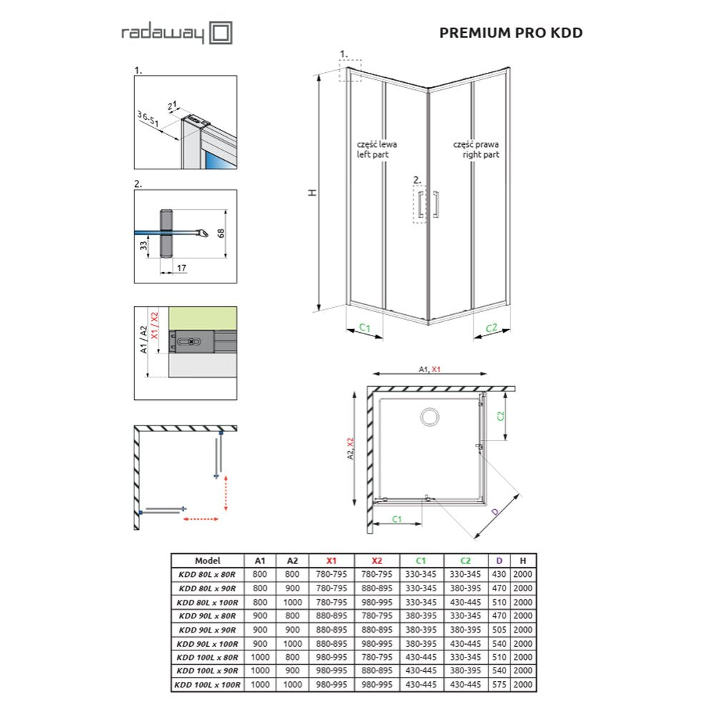 Квадратна душ кабина с плъзгащи се врати Radaway Premium Pro 90x90 cm матово черно профил