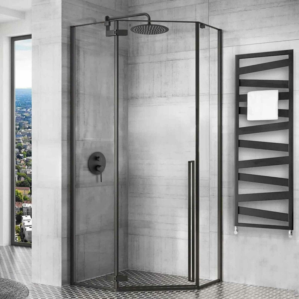 Rea Diamond 90x90 Matte Black Corner Shower Cabin with Hinged Door