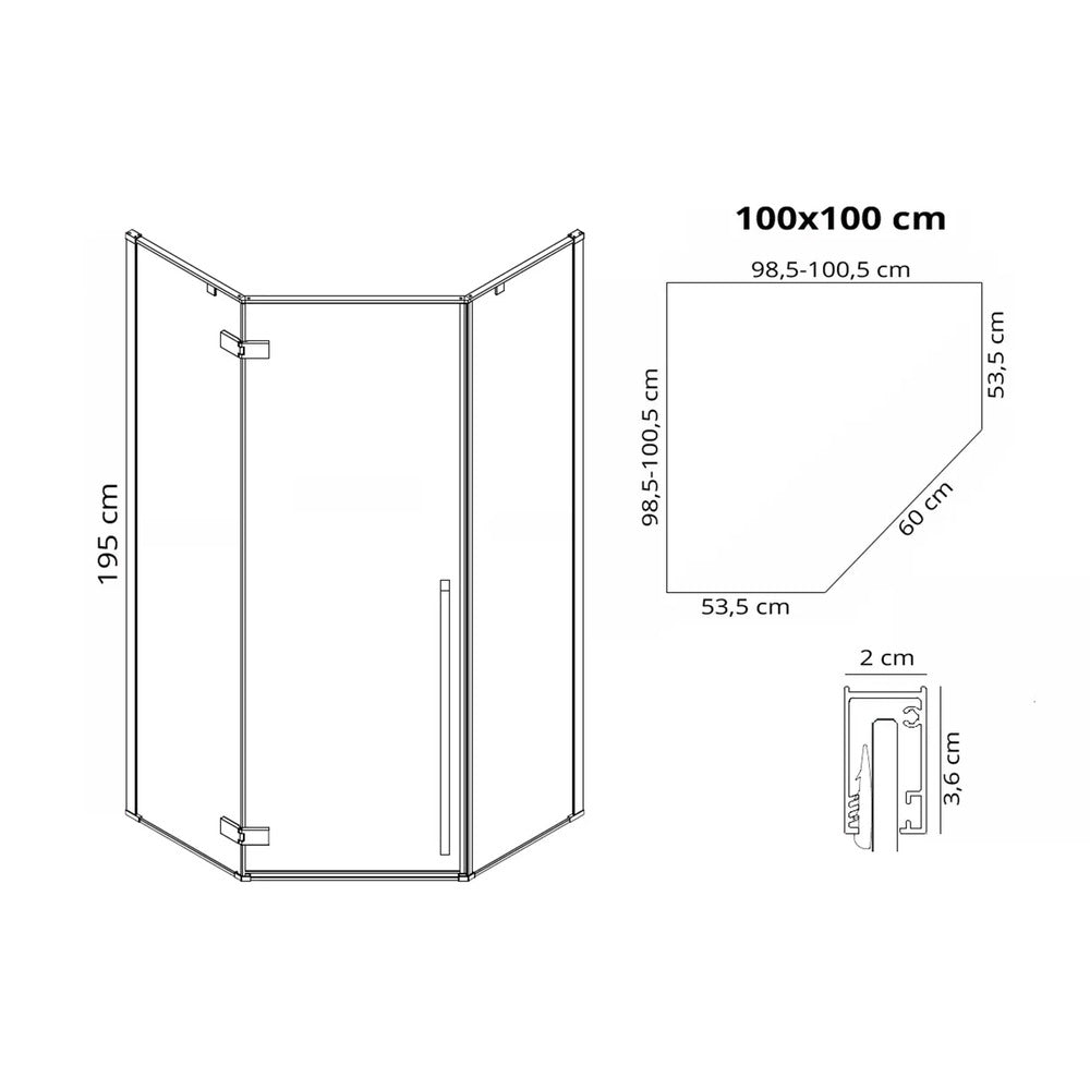 Rea Diamond pentagonal shower cabin with hinged door 100x100 gold
