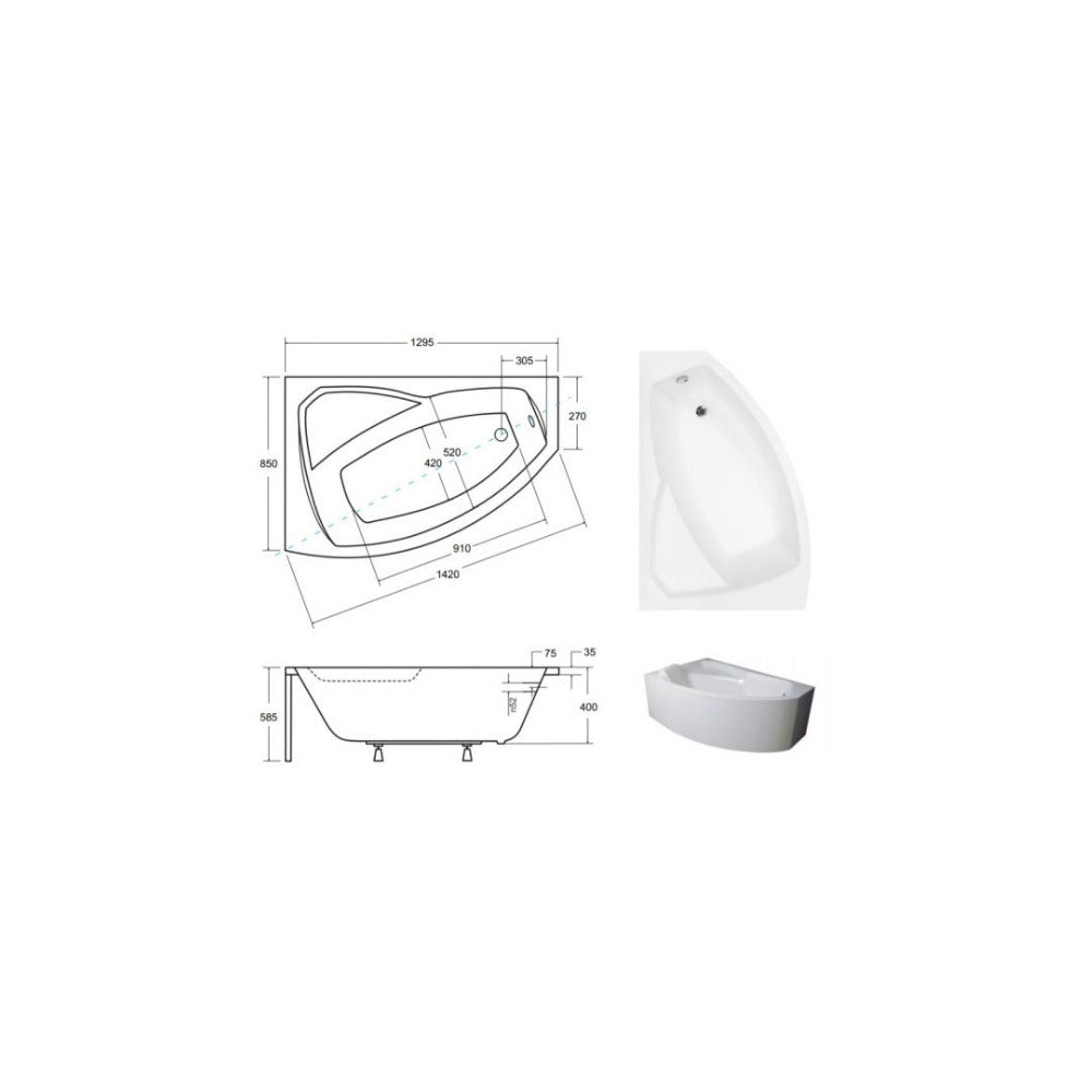 Асиметрична вана Besco Rima 130x85 см, монтаж ляв