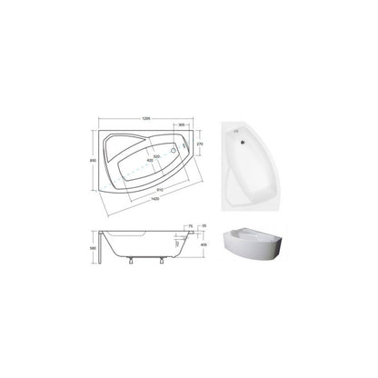 Асиметрична вана Besco Rima 130x85 см, монтаж ляв