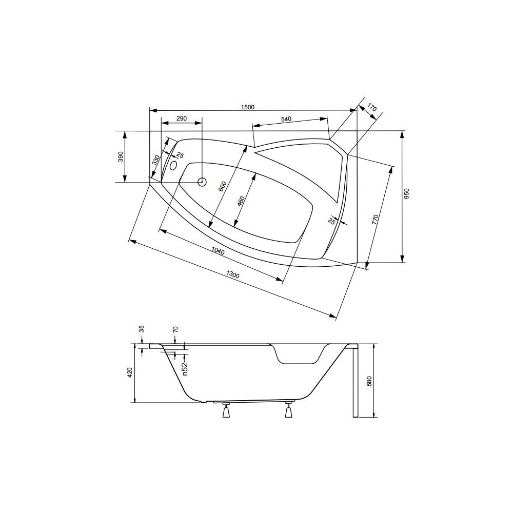 Асиметрична вана Besco Rima 160x100 см, монтаж от дясната страна