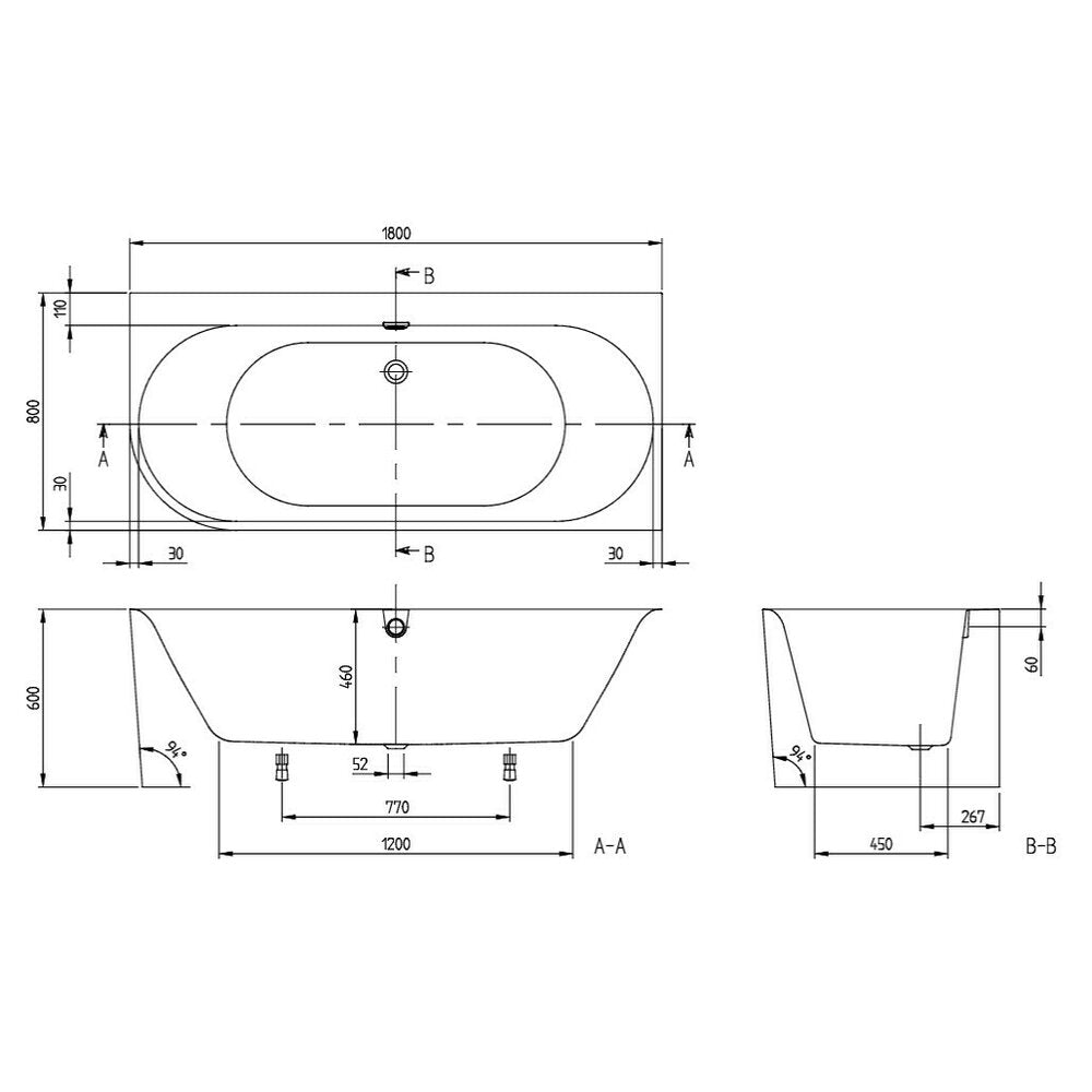 Ъглова свободно стояща вана Villeroy&Boch Oberon 2.1 180x80 см бяла дясна, прикрепена към стената, BTW